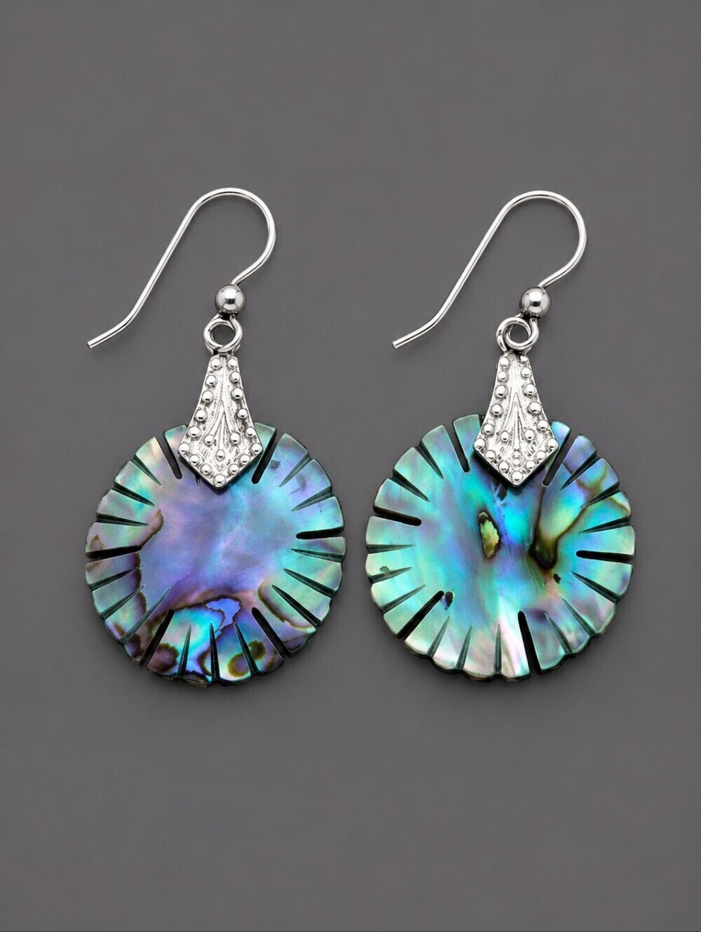 Vtg Dainty Art Deco Carved Abalone Circle Mermaidcore Dangle Hook Earrings